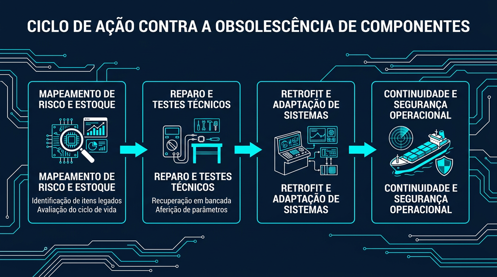 Infográfico que ilustra as quatro etapas do ciclo de ação contra a obsolescência de componentes eletrônicos.