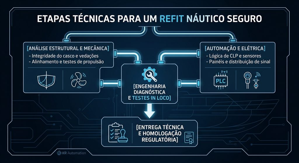 Diagrama das etapas técnicas de engenharia para um projeto de refit náutico em embarcações.
